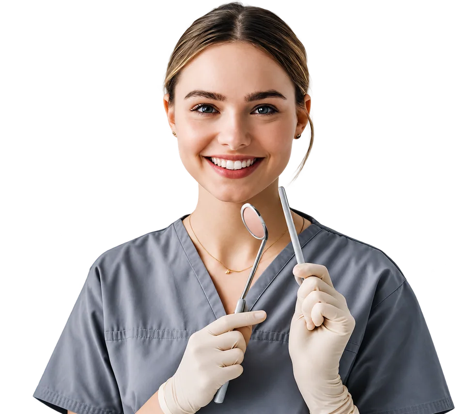 Smiling female dental professional holding a dental mirror and instrument